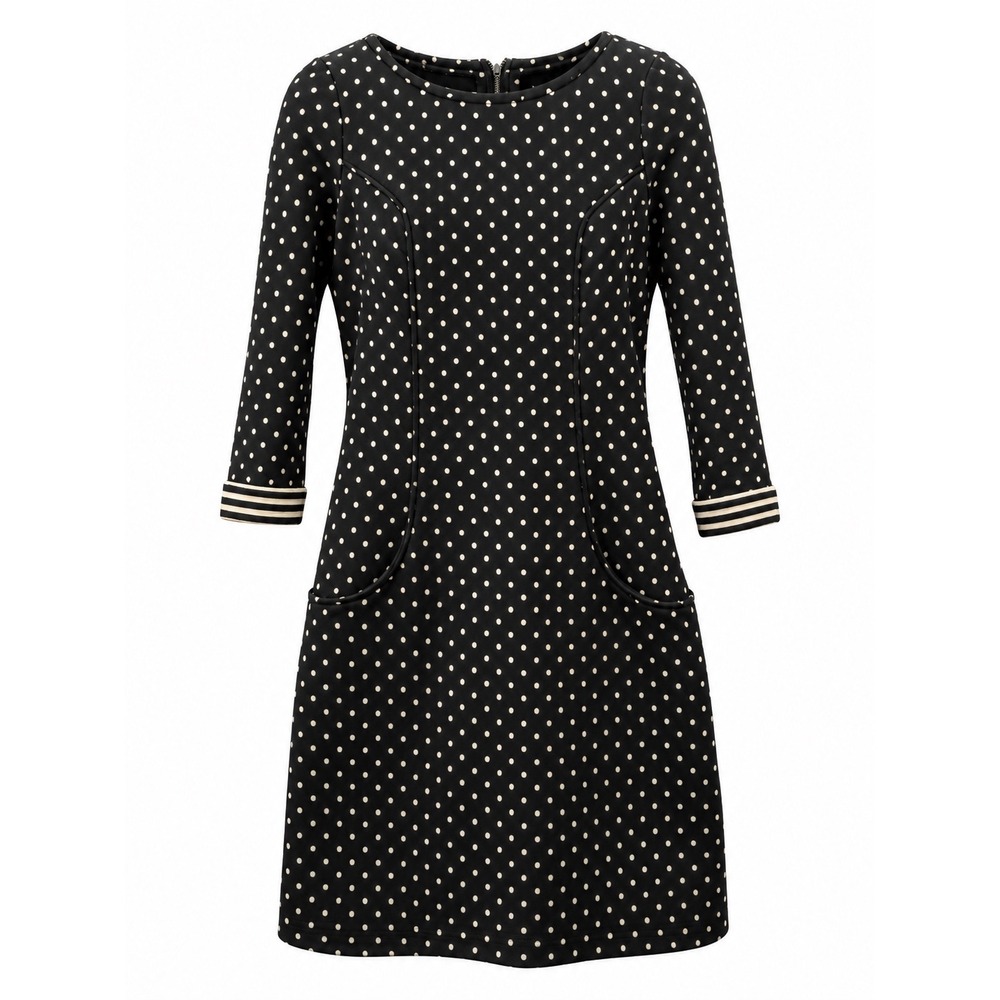 Boden Dotty Quilted Polka Dot Shift Dress Black White Striped Cuff Mod Size 4R